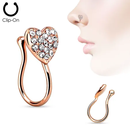 Faux piercing de nez clipsable coeur gemmes rosé