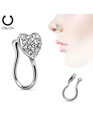 Faux piercing de nez clipsable coeur gemmes argenté