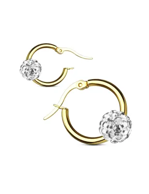 Paire boucles d'oreille anneaux doré boule cristal blanc