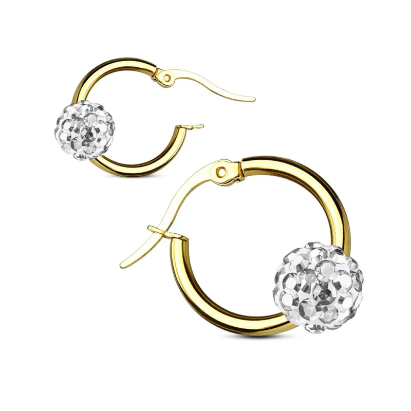 Paire boucles d'oreille anneaux doré boule cristal blanc