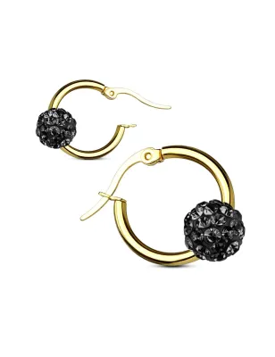 Paire boucles d'oreille anneaux doré boule cristal noir