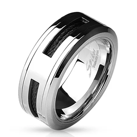 Bague homme acier cable noir