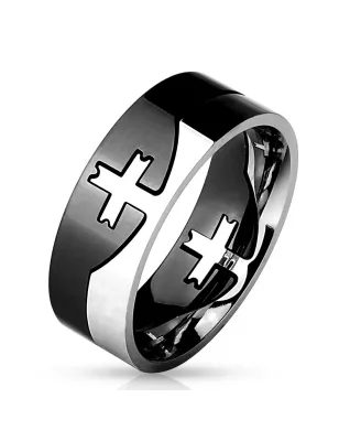 Bague homme acier argenté et noir croix puzzle