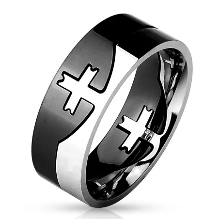 Bague homme acier argenté et noir croix puzzle