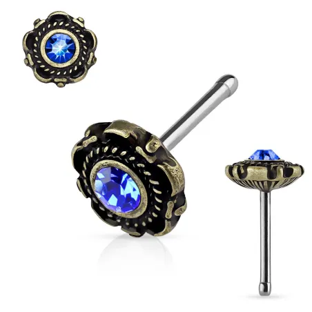 Piercing nez tige droite motif floral doré bleu