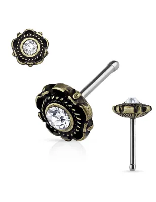 Piercing nez tige droite motif floral doré blanc