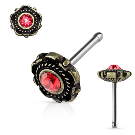 Piercing nez tige droite motif floral doré rouge