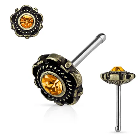 Piercing nez tige droite motif floral doré topaze