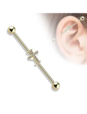 Piercing industriel oreille croix dorée pavée de strass