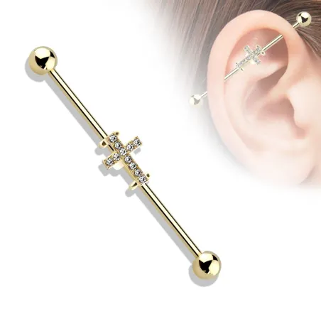 Piercing industriel oreille croix dorée pavée de strass