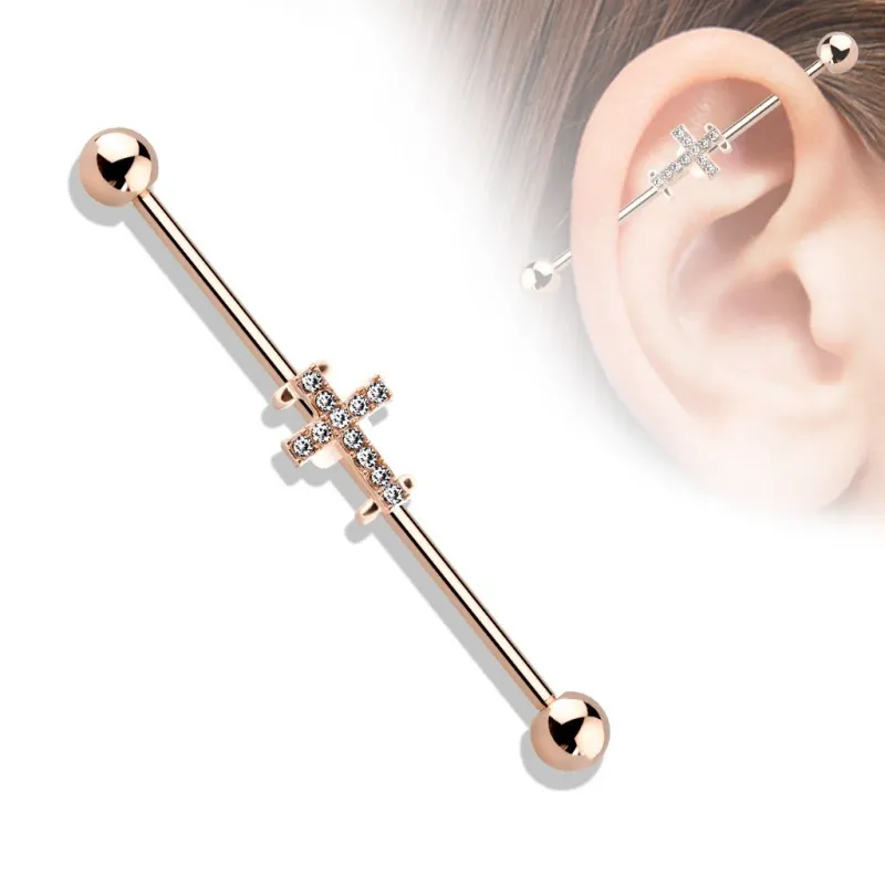 Piercing industriel oreille croix rosée pavée de strass