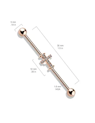 Piercing industriel oreille croix rosée pavée de strass