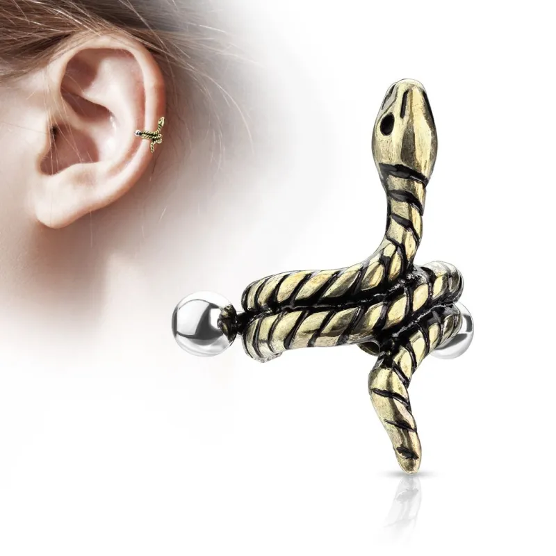 Piercing oreille hélix manchette serpent enroulé doré