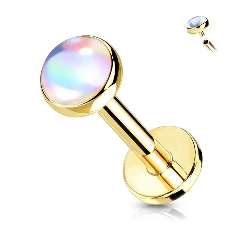 Piercing oreille labret doré pierre iridescente blanche