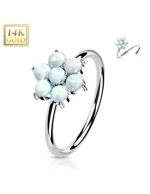 Piercing nez anneau Or blanc 14 carats fleur opale blanc