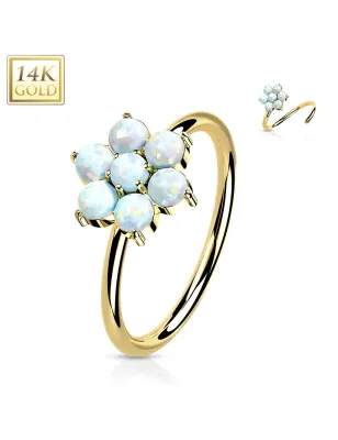 Piercing nez anneau Or jaune 14 carats fleur opale blanche