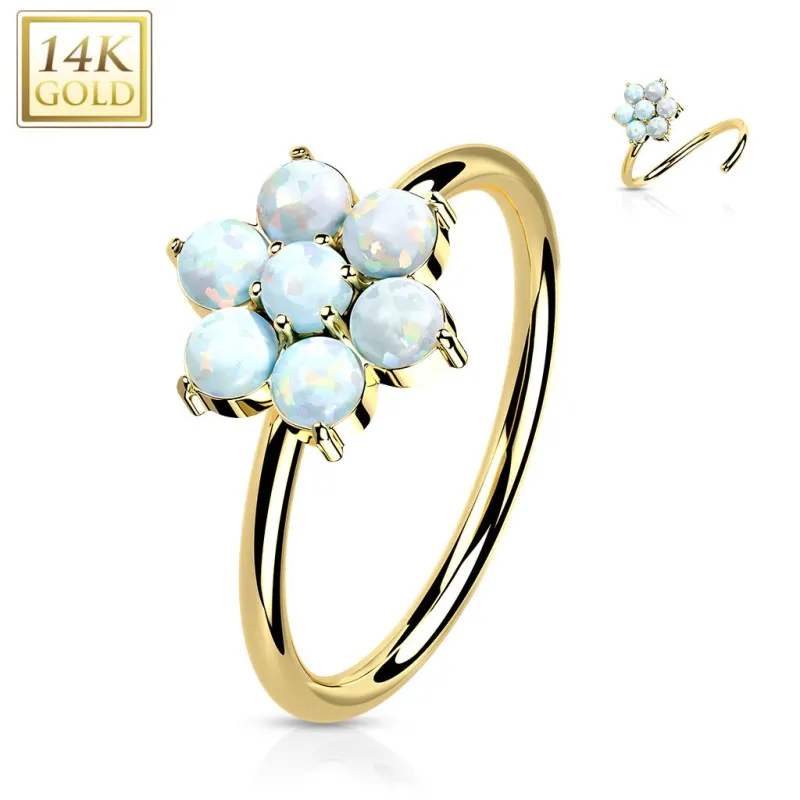 Piercing nez anneau Or jaune 14 carats fleur opale blanche