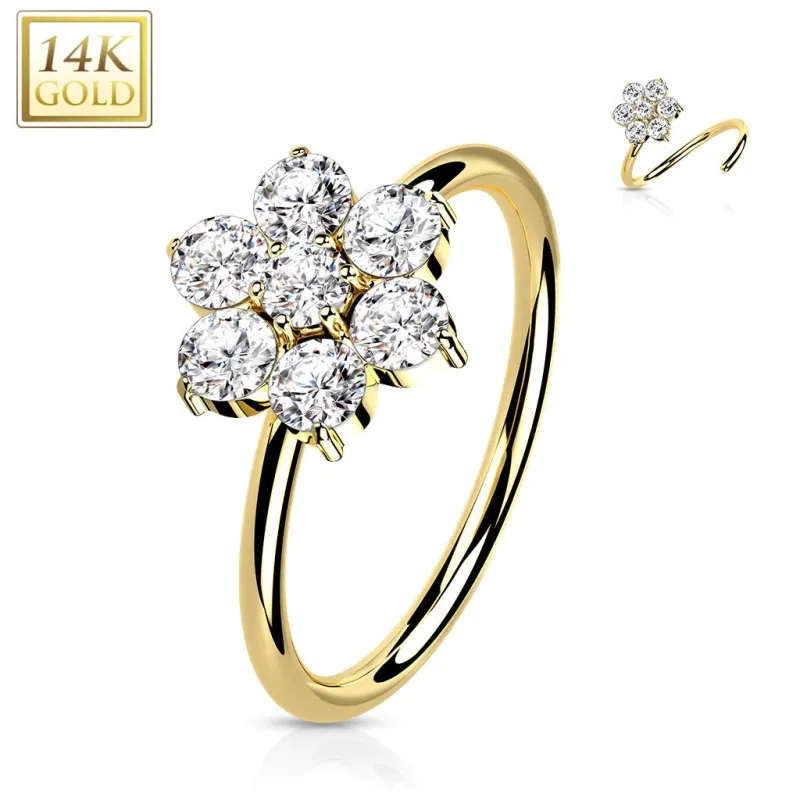 Piercing nez anneau Or jaune 14 carats fleur zirconium blanc