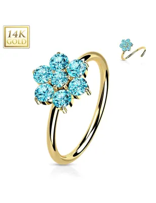 Piercing nez anneau Or jaune 14 carats fleur zirconium turquoise