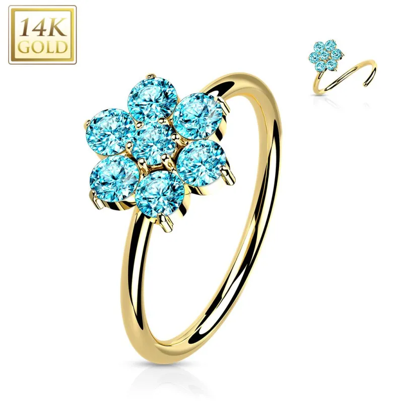 Piercing nez anneau Or jaune 14 carats fleur zirconium turquoise