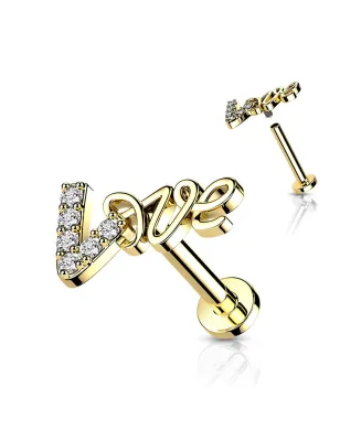 Piercing oreille labret doré love pavé de strass