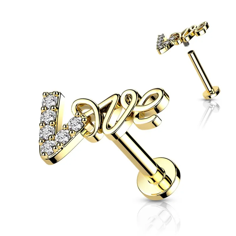 Piercing oreille labret doré love pavé de strass