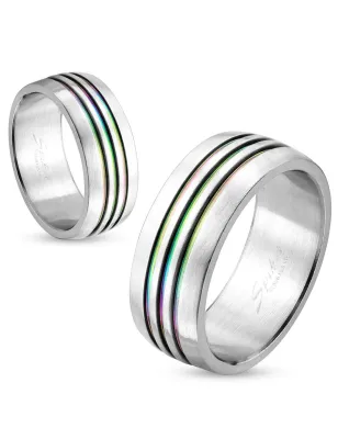 Bague acier stries arc en ciel