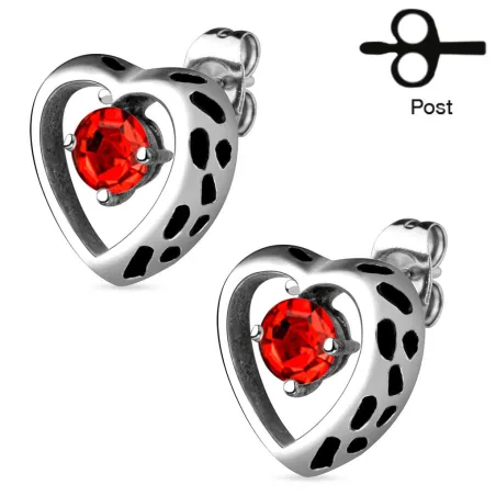 Paire Boucles d'oreille clous coeur creux strass rouge