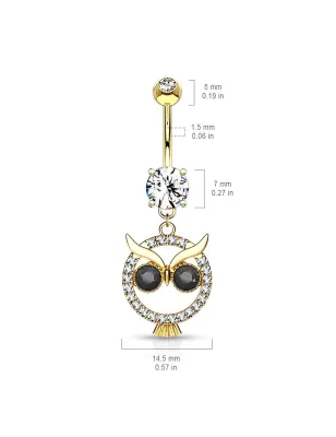 Piercing nombril pendentif hibou cristaux noirs plaqué or