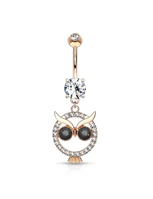 Piercing nombril pendentif hibou cristaux noirs plaqué or rose