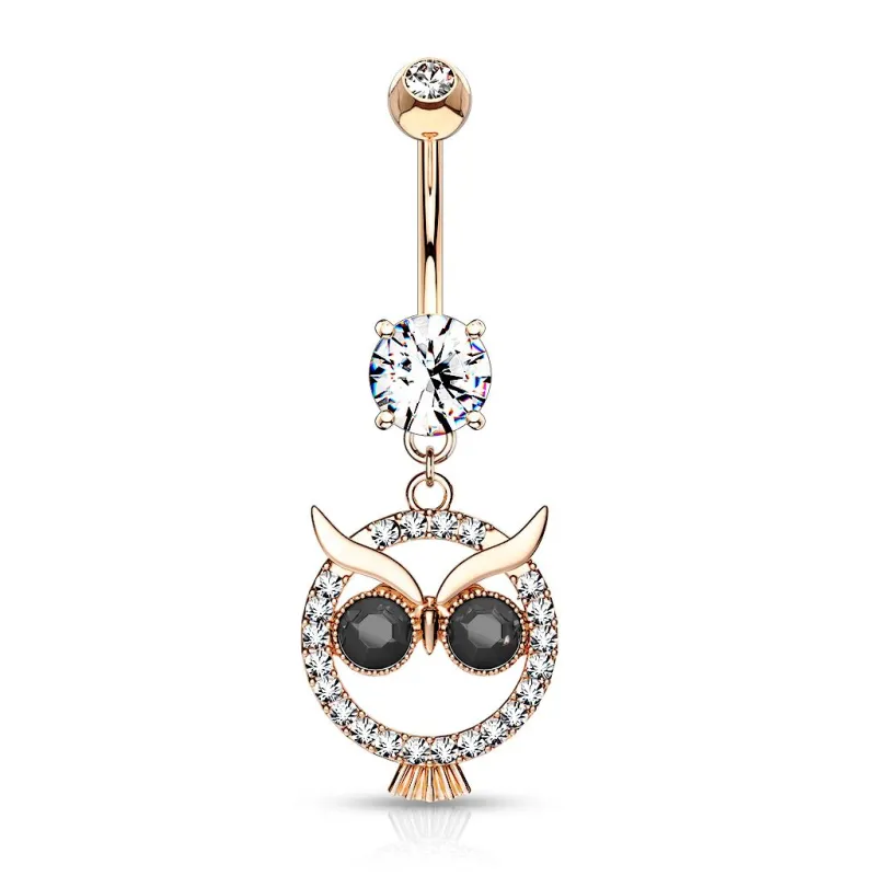 Piercing nombril pendentif hibou cristaux noirs plaqué or rose