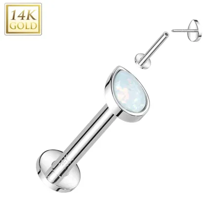 Piercing labret oreille or blanc 14 carats goutte opale blanche