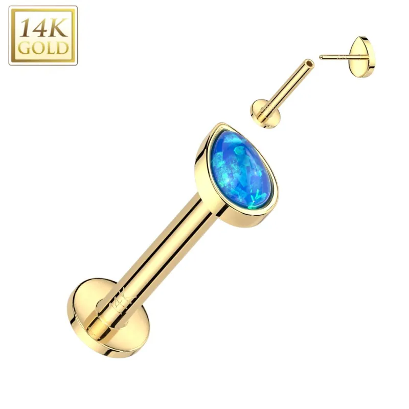 Piercing labret oreille or jaune 14 carats goutte opale bleue