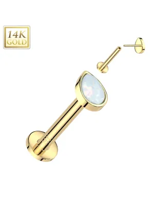 Piercing labret oreille or jaune 14 carats goutte opale blanche