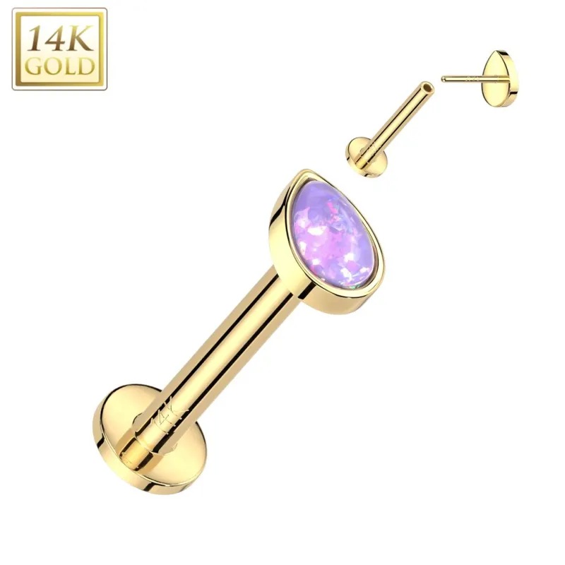 Piercing labret oreille or jaune 14 carats goutte opale violette