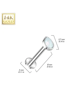 Piercing labret oreille or blanc 14 carats goutte opale blanche