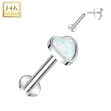 Piercing labret oreille or blanc 14 carats coeur opale blanche