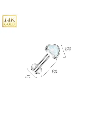 Piercing labret oreille or blanc 14 carats coeur opale blanche