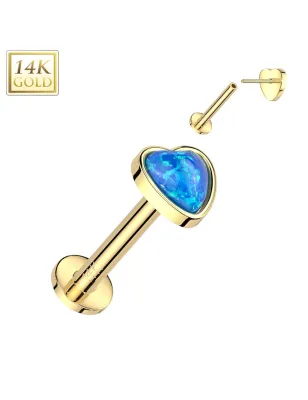 Piercing labret oreille or jaune 14 carats coeur opale bleue