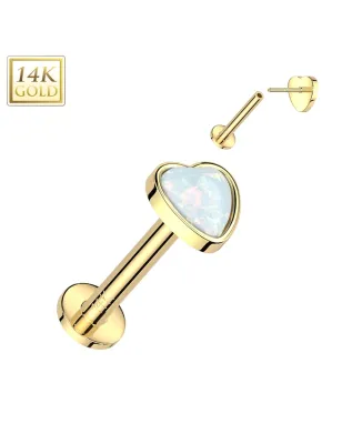 Piercing labret oreille or jaune 14 carats coeur opale blanche