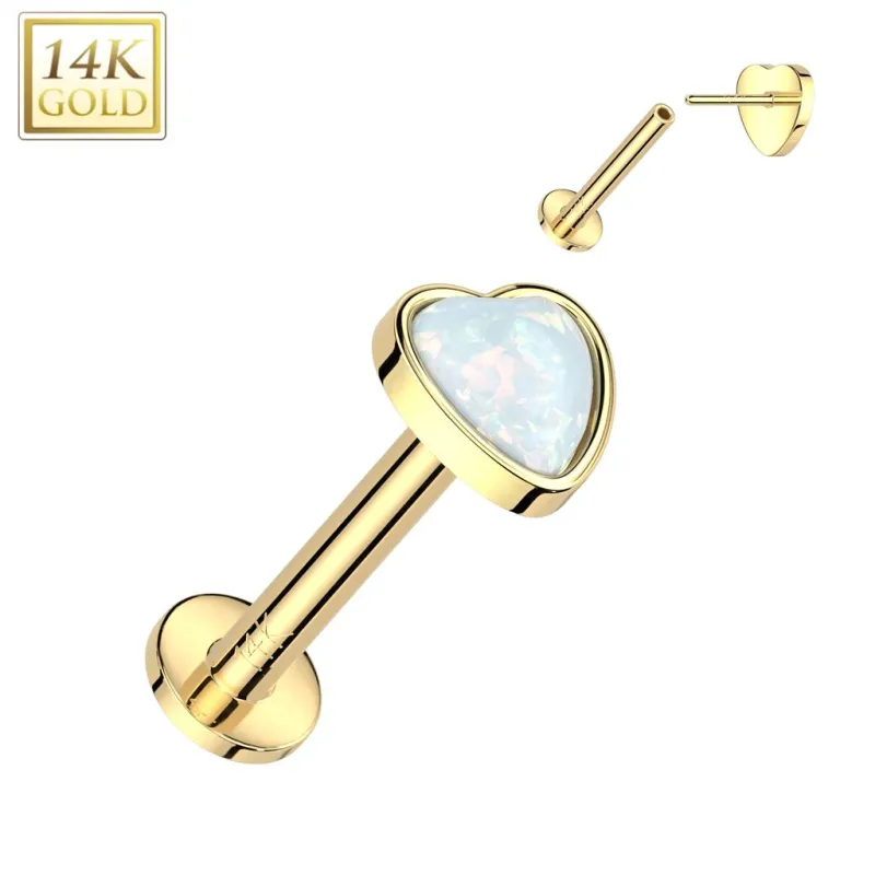 Piercing labret oreille or jaune 14 carats coeur opale blanche