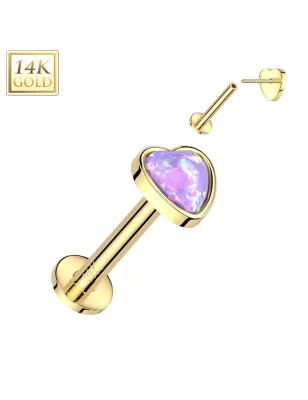 Piercing labret oreille or jaune 14 carats coeur opale violette