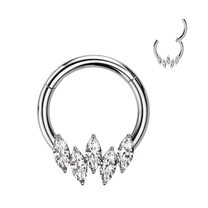 Piercing anneau segment acier cinq strass marquise (oreille, daith, septum)