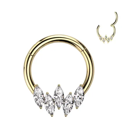 Piercing anneau segment acier doré cinq strass marquise