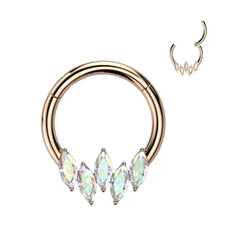 Piercing anneau segment acier rosé cinq strass marquise