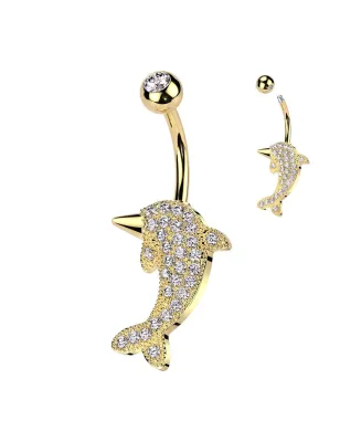 Piercing nombril dauphin doré pavé de strass