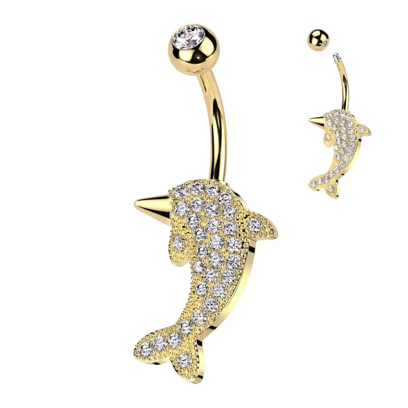 Piercing nombril dauphin doré pavé de strass