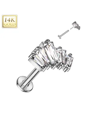 Piercing labret oreille or blanc 14 carats éventail baguettes