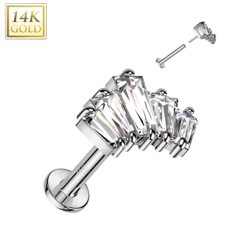 Piercing labret oreille or blanc 14 carats éventail baguettes