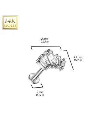 Piercing labret oreille or blanc 14 carats éventail baguettes